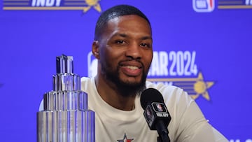 Feb 18, 2024; Indianapolis, Indiana, USA; Eastern Conference guard Damian Lillard (0) of the Milwaukee Bucks speaks to the media following his Most Valuable Player performance against the Western Conference All-Stars in the 73rd NBA All Star game at Gainbridge Fieldhouse. Mandatory Credit: Trevor Ruszkowski-USA TODAY Sports