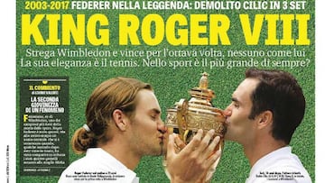 La Gazzetta dello Sport realizó un original fotomontaje para dar la noticia del octavo título de Wimbledon de Roger Federer en su portada.