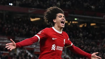 Liverpool's English striker #76 Jayden Danns celebrates after scoring their third goal during the English FA Cup fifth round football match between Liverpool and Southampton at Anfield stadium, in Liverpool, north west England, on February 28, 2024. (Photo by Paul ELLIS / AFP) / RESTRICTED TO EDITORIAL USE. No use with unauthorized audio, video, data, fixture lists, club/league logos or 'live' services. Online in-match use limited to 120 images. An additional 40 images may be used in extra time. No video emulation. Social media in-match use limited to 120 images. An additional 40 images may be used in extra time. No use in betting publications, games or single club/league/player publications. / 