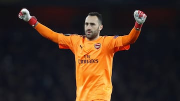 El portero colombiano David Ospina durante el juego entre Arsenal y Milan por la vuelta de los octavos de final de la Europa League