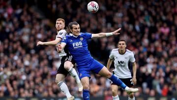 Soccer Football - Premier League - Fulham v Leicester City - Craven Cottage, London, Britain - May 8, 2023 Fulham's Harrison Reed in action with Leicester City's Caglar Soyuncu REUTERS/David Klein EDITORIAL USE ONLY. No use with unauthorized audio, video, data, fixture lists, club/league logos or 'live' services. Online in-match use limited to 75 images, no video emulation. No use in betting, games or single club /league/player publications.  Please contact your account representative for further details.