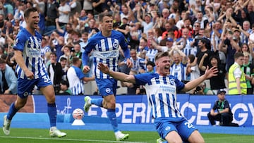 Soccer Football - Premier League - Brighton & Hove Albion v Newcastle United - The American Express Community Stadium, Brighton, Britain - September 2, 2023 Brighton & Hove Albion's Evan Ferguson celebrates scoring their first goal with Solly March and Joel Veltman REUTERS/Ian Walton EDITORIAL USE ONLY. No use with unauthorized audio, video, data, fixture lists, club/league logos or 'live' services. Online in-match use limited to 75 images, no video emulation. No use in betting, games or single club /league/player publications.  Please contact your account representative for further details.     TPX IMAGES OF THE DAY