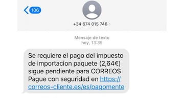 Imagen de un SMS fraudulento suplantando a Correos