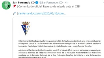 Recurso de alzada contra la RFEF: el San Fernando pide anular el fin de la temporada y el playoff