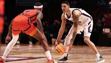 CLEVELAND, OHIO - FEBRUARY 19: Keith McGee #3 of the Morgan State Bears guards Tai Bibbs #33 of the Howard Bison during NBA x HBCU Classic Presented by AT&amp;T as part of the 2022 All-Star Weekend at Wolstein Center on February 19, 2022 in Cleveland, Ohi
