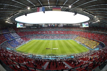 Vista panoramica del estadio Allianz Arena con la formación de ambas selecciones.