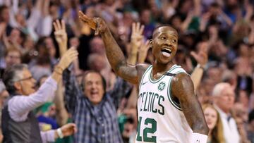 BOSTON, MA - MAY 3: Terry Rozier #12 of the Boston Celtics celebrates after scoring a three pointer against the Philadelphia 76ers during the second quarter of Game Two of the Eastern Conference Second Round of the 2018 NBA Playoffs at TD Garden on May 3, 2018 in Boston, Massachusetts.   Maddie Meyer/Getty Images/AFP
 == FOR NEWSPAPERS, INTERNET, TELCOS &amp; TELEVISION USE ONLY ==