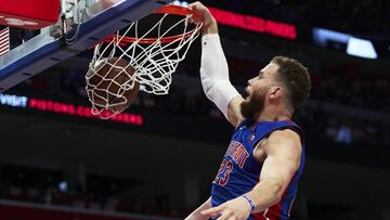 Apr 22, 2019; Detroit, MI, USA; Detroit Pistons forward Blake Griffin (23) dunks in the first half against the Milwaukee Bucks at Little Caesars Arena. Mandatory Credit: Rick Osentoski-USA TODAY Sports