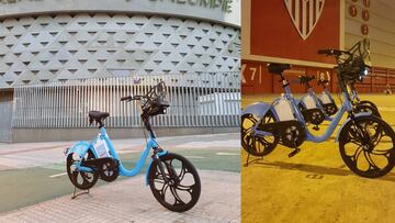 Las bicicletas de ERG, junto al Villamarín y al Sánchez Pizjuán.