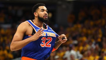 INDIANAPOLIS, INDIANA - MAY 27: Karl-Anthony Towns #32 of the New York Knicks reacts during the first quarter against the Indiana Pacers in Game Four of the Eastern Conference Finals of the 2025 NBA Playoffs at Gainbridge Fieldhouse on May 27, 2025 in Indianapolis, Indiana. NOTE TO : expressly acknowledges and agrees that, by ing and or using this photograph, is consenting to the and conditions of the Getty Images License Agreement. Gregory Shamus/Getty Images/AFP (Photo by Gregory Shamus / GETTY IMAGES NORTH AMERICA / Getty Images via AFP)