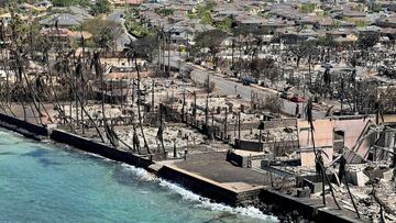 FILE PHOTO: The shells of burned houses and buildings are left after wildfires driven by high winds burned across most of the town in Lahaina, Maui, Hawaii, U.S. August 11, 2023. Hawai'i Department of Land and Natural Resources/Handout via REUTERS  THIS IMAGE HAS BEEN SUPPLIED BY A THIRD PARTY./File Photo