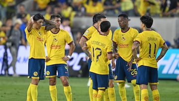 Alan Cervantes, Sebastian Caceres, Alejandro Zendejas, Victor Davila of America during the match between Los Angeles FC and America as part of Play-In prior to 2025 FIFA Club World Cup, at BMO Stadium on May 31, 2025 in Los Angeles, California, United States.