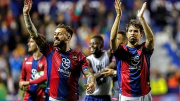 Levante players celebrate their 5-4 win over FC Barcelona in LaLiga Santander