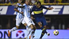 BUENOS AIRES, ARGENTINA - FEBRUARY 20: Ramon Abila of Boca Juniors kicks the ball to score the first goal of his team during a match between Boca Juniors and Atletico Tucuman as part of Superliga 2018/19 at Estadio Alberto J. Armando on February 17, 2019 