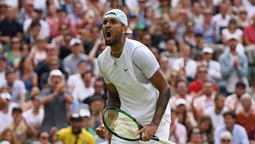 LONDON, ENGLAND - JULY 04: Nick Kyrgios of Australia celebrates a point against Brandon Nakashima of United States of America during their Men's Singles Fourth Round match on day eight of The Championships Wimbledon 2022 at All England Lawn Tennis and Croquet Club on July 04, 2022 in London, England. (Photo by Shaun Botterill/Getty Images)