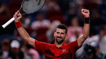Tennis - Shanghai Masters - Qizhong Forest Sports City Arena, Shanghai, China - October 9, 2024 Serbia's Novak Djokovic celebrates winning his round of 16 match against Russia's Roman Safiullin REUTERS/Tingshu Wang