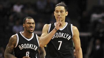 Mar 6, 2017; Memphis, TN, USA; Brooklyn Nets guard Jeremy Lin (7) and guard Sean Kilpatrick (6) celebrate during the second half against the Memphis Grizzlies at FedExForum. Brooklyn defeated Memphis 122-109. Mandatory Credit: Justin Ford-USA TODAY Sports