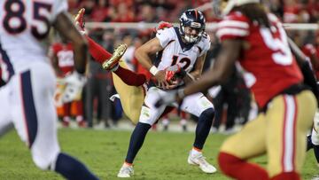 Aug 19, 2017; Santa Clara, CA, USA; Denver Broncos quarterback Paxton Lynch (12) gets sacked by San Francisco 49ers safety Jaquiski Tartt (29) during the second quarter at Levi's Stadium. Mandatory Credit: Sergio Estrada-USA TODAY Sports