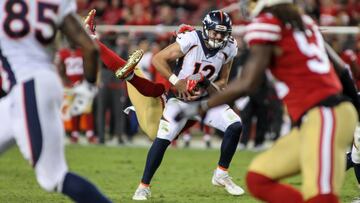 Aug 19, 2017; Santa Clara, CA, USA; Denver Broncos quarterback Paxton Lynch (12) gets sacked by San Francisco 49ers safety Jaquiski Tartt (29) during the second quarter at Levi&#039;s Stadium. Mandatory Credit: Sergio Estrada-USA TODAY Sports