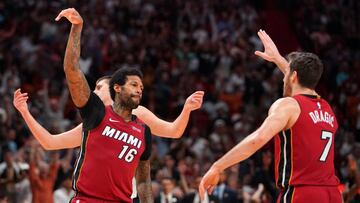 Mar 19, 2018; Miami, FL, USA; Miami Heat forward James Johnson (16) celebrates after making a three point basket against the Denver Nuggets during the second overtime quarter at American Airlines Arena. Mandatory Credit: Jasen Vinlove-USA TODAY Sports