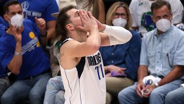 DALLAS, TEXAS - MAY 30: Luka Doncic #77 of the Dallas Mavericks reacts against the LA Clippers in the second quarter in Game Four of the Western Conference first round series at American Airlines Center on May 30, 2021 in Dallas, Texas. NOTE TO USER: User expressly acknowledges and agrees that, by downloading and or using this photograph, User is consenting to the terms and conditions of the Getty Images License Agreement.   Ronald Martinez/Getty Images/AFP
 == FOR NEWSPAPERS, INTERNET, TELCOS &amp; TELEVISION USE ONLY ==