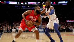 NEW YORK, NEW YORK - JANUARY 23: James Harden #13 of the Houston Rockets tries to get around Tim Hardaway Jr. #3 of the New York Knicks in the first quarter at Madison Square Garden on January 23, 2019 in New York City.NOTE TO USER: User expressly acknowledges and agrees that, by downloading and or using this photograph, User is consenting to the terms and conditions of the Getty Images License Agreement.   Elsa/Getty Images/AFP
 == FOR NEWSPAPERS, INTERNET, TELCOS &amp; TELEVISION USE ONLY ==