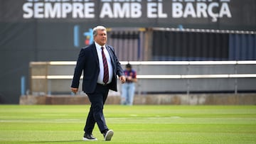 Barcelona's president Joan Laporta arrives to a training session on the eve of their UEFA Champions League quarter-final second leg football match against Paris SG at the training center in Barcelona on April 15, 2024. (Photo by Josep LAGO / AFP)