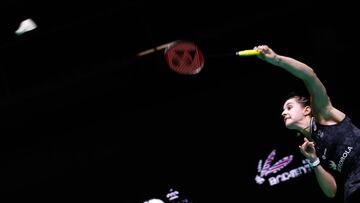 MADRID, SPAIN - APRIL 01: Carolina Marin of Spain competes against Gregoria Mariska Tunjung of Indonesia during the Madrid Spain Masters 2023, HSBC BWF World Tour Super 300, celebrated at Polideportivo Municipal de Gallur on April 01, 2023, in Madrid, Spain. (Photo By Oscar J. Barroso/Europa Press via Getty Images)