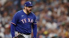 ST PETERSBURG, FLORIDA - OCTOBER 03: Jordan Montgomery #52 of the Texas Rangers reacts at the end of the seventh inning against the Tampa Bay Rays during Game One of the Wild Card Series at Tropicana Field on October 03, 2023 in St Petersburg, Florida.   Megan Briggs/Getty Images/AFP (Photo by Megan Briggs / GETTY IMAGES NORTH AMERICA / Getty Images via AFP)