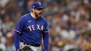 ST PETERSBURG, FLORIDA - OCTOBER 03: Jordan Montgomery #52 of the Texas Rangers reacts at the end of the seventh inning against the Tampa Bay Rays during Game One of the Wild Card Series at Tropicana Field on October 03, 2023 in St Petersburg, Florida.   Megan Briggs/Getty Images/AFP (Photo by Megan Briggs / GETTY IMAGES NORTH AMERICA / Getty Images via AFP)