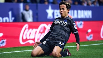 BARCELONA, SPAIN - FEBRUARY 13: Takefusa 'Take' Kubo of Real Sociedad celebrates after scoring his team's first goal during the LaLiga Santander match between RCD Espanyol and Real Sociedad at RCDE Stadium on February 13, 2023 in Barcelona, Spain. (Photo by Alex Caparros/Getty Images)