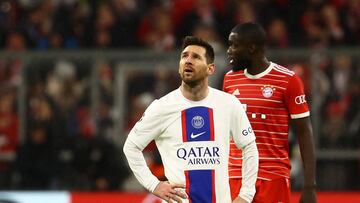 Soccer Football - Champions League - Round of 16 - Second Leg - Bayern Munich v Paris St Germain - Allianz Arena, Munich, Germany - March 8, 2023 Paris St Germain's Lionel Messi reacts after Bayern Munich's Serge Gnabry scores their second goal REUTERS/Kai Pfaffenbach