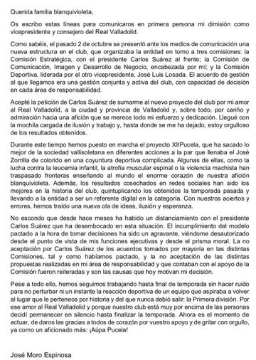 Carta de dimisión de José Moro.