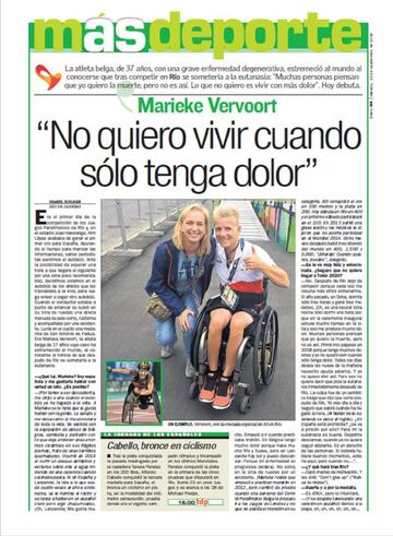 Página del ejemplar del Diario As del sábado 10 de septiembre de 2016 con la entrevista a la atleta paralímpica belga Marieke Vervoort, fallecida este 23 de octubre de 2019 tras recibir la eutanasia.