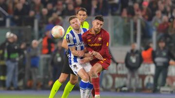 ROME, ITALY - MARCH 09: Lorenzo Pellegrini of AS Roma is challenged by Asie Illarramendi of Real Sociedad during the UEFA Europa League round of 16 leg one match between AS Roma and Real Sociedad at Stadio Olimpico on March 09, 2023 in Rome, Italy. (Photo by Fabio Rossi/AS Roma via Getty Images)