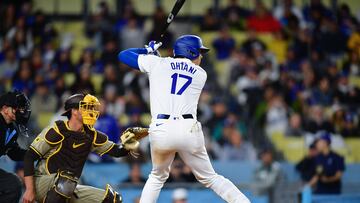 Apr 13, 2024; Los Angeles, California, USA; Los Angeles Dodgers designated hitter Shohei Ohtani (17) hits against the San Diego Padres during the fourth inning at Dodger Stadium. Mandatory Credit: Gary A. Vasquez-USA TODAY Sports