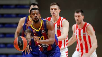 Cory Higgins, durante el partido que ha enfrentado al Estrella Roja y el Barcelona, correspondiente al 21&ordf; jornada de la Euroliga 2020-21.