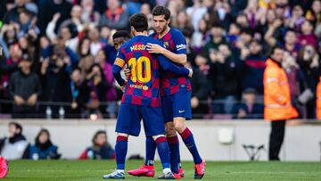20 Sergi Roberto from Spain of FC Barcelona celebrating a goal with 10 Lionel Messi from Argentina of FC Barcelona  during La Liga Santander match between FC Barcelona and Getafe CF at Camp Nou Stadium on February 15, 2020 in Barcelona, Spain.
 
 
 15/02/