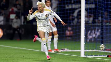 May 29, 2024; Carson, California, USA; LA Galaxy midfielder Riqui Puig (10) reacts after scoring a goal against FC Dallas during the second half at Dignity Health Sports Park. Mandatory Credit: Kiyoshi Mio-USA TODAY Sports