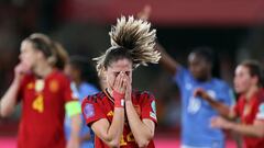 Spain's defender #14 Laia Aleixandri reacts after missing a goal during the UEFA Women's Nations League final football match between Spain and France at the La Cartuja stadium in Seville, on February 28, 2024. (Photo by FRANCK FIFE / AFP)