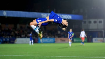 Chelseas Sam Kerr celebrates after scoring their sides fifth goal during the UEFA Women's Champions League Group A match at Kingsmeadow, Kingston upon Thames. Picture date: Wednesday October 26, 2022. (Photo by Bradley Collyer/PA Images via Getty Images)