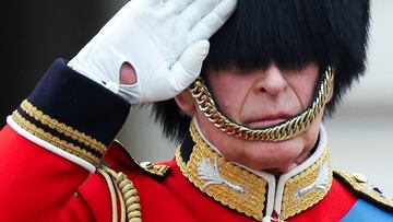 Britain's King Charles salutes as he rides on horseback as part of Trooping the Colour parade which honours him on his official birthday, in London, Britain, June 17, 2023. REUTERS/Toby Melville      TPX IMAGES OF THE DAY