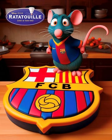 Remy, el ratón protagonista de la película, muestra una tarta creada con la forma del escudo culé. El roedor se muestra con una camiseta del Barça.