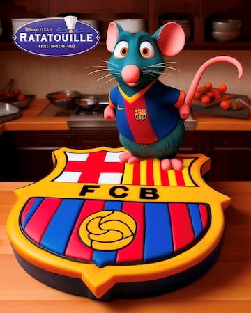 Remy, el rat¨®n protagonista de la pel¨ªcula, muestra una tarta creada con la forma del escudo cul¨¦. El roedor se muestra con una camiseta del Bar?a.