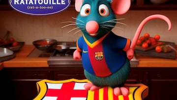 Remy, el ratón protagonista de la película, muestra una tarta creada con la forma del escudo culé. El roedor se muestra con una camiseta del Barça.