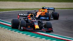 VERSTAPPEN Max (ned), Red Bull Racing Honda RB16B, NORRIS Lando (gbr), McLaren MCL35M, action during the Formula 1 Pirelli Gran Premio Del Made In Italy E Dell Emilia Romagna 2021 from April 16 to 18, 2021 on the Autodromo Internazionale Enzo e Dino Ferrari, in Imola, Italy - Photo Florent Gooden / DPPI
 AFP7 
 18/04/2021 ONLY FOR USE IN SPAIN