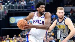 INDIANAPOLIS, IN - JANUARY 17: Joel Embiid #21 of the Philadelphia 76ers dribbles the ball against the Indiana Pacers at Bankers Life Fieldhouse on January 17, 2019 in Indianapolis, Indiana. NOTE TO USER: User expressly acknowledges and agrees that, by downloading and or using this photograph, User is consenting to the terms and conditions of the Getty Images License Agreement.   Andy Lyons/Getty Images/AFP
 == FOR NEWSPAPERS, INTERNET, TELCOS &amp; TELEVISION USE ONLY ==