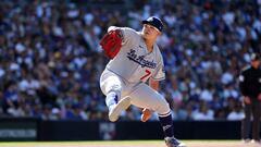 May 7, 2023; San Diego, California, USA;  Los Angeles Dodgers starting pitcher Julio Urias (7) throws a pitch during the first inning against the San Diego Padres at Petco Park. Mandatory Credit: Kiyoshi Mio-USA TODAY Sports