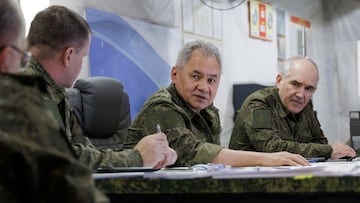 Russian Defence Minister Sergei Shoigu and Sergei Rudskoy, head of the main operational directorate of the Armed Forces' General Staff, visit the frontline headquarters of the "Centre" army group involved in Russia-Ukraine conflict, at an unknown location, in this picture released August 4, 2023. Russian Defence Ministry/Handout via REUTERS ATTENTION EDITORS - THIS IMAGE WAS PROVIDED BY A THIRD PARTY. NO RESALES. NO ARCHIVES. MANDATORY CREDIT.