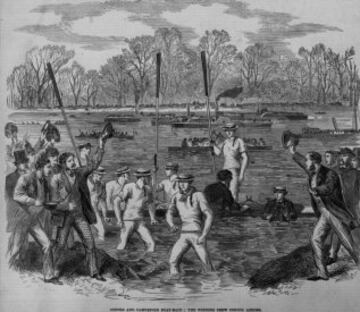 1864, la tripulaci¨®n ganadora toca tierra tras ganar la carrera.